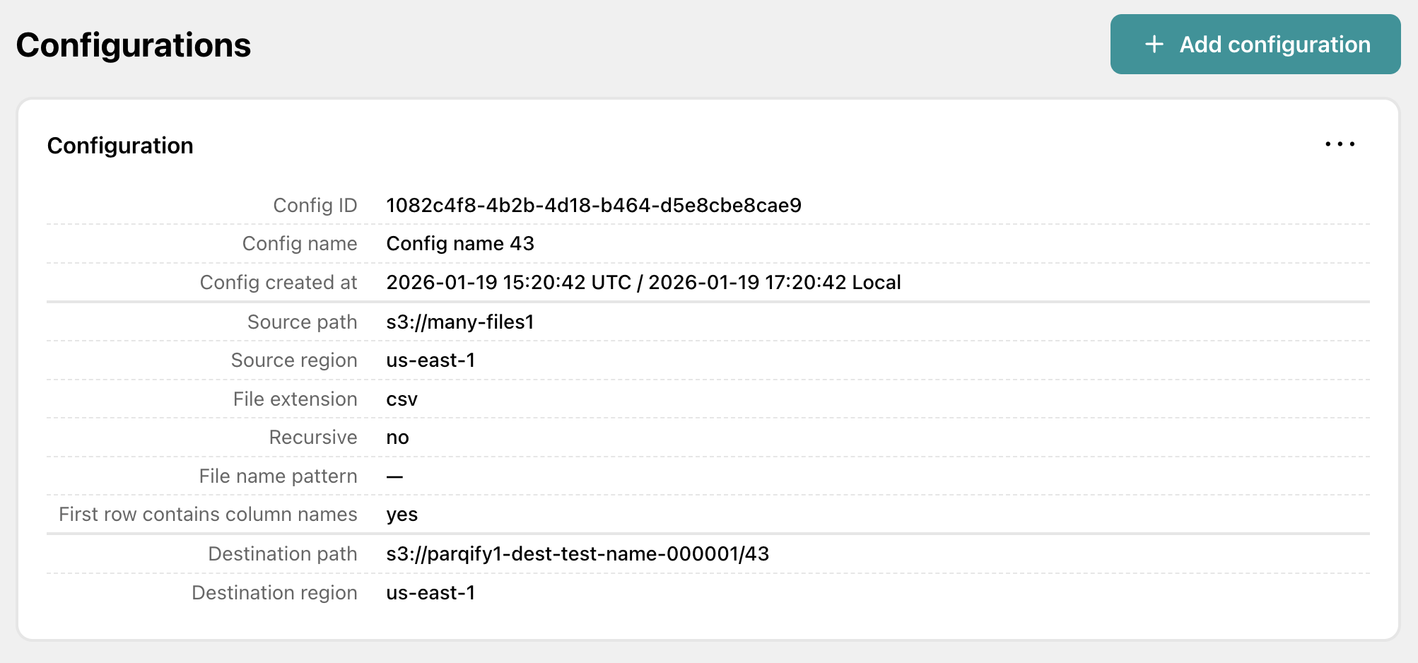 Parqify web UI screenshot showing conversion configuration